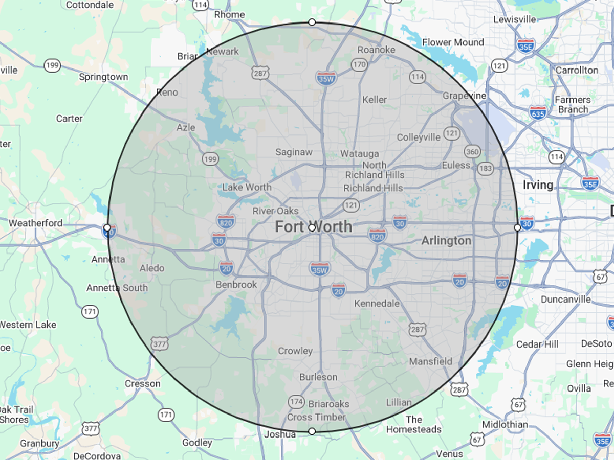 Service area map showing plumbing coverage around Fort Worth Texas
