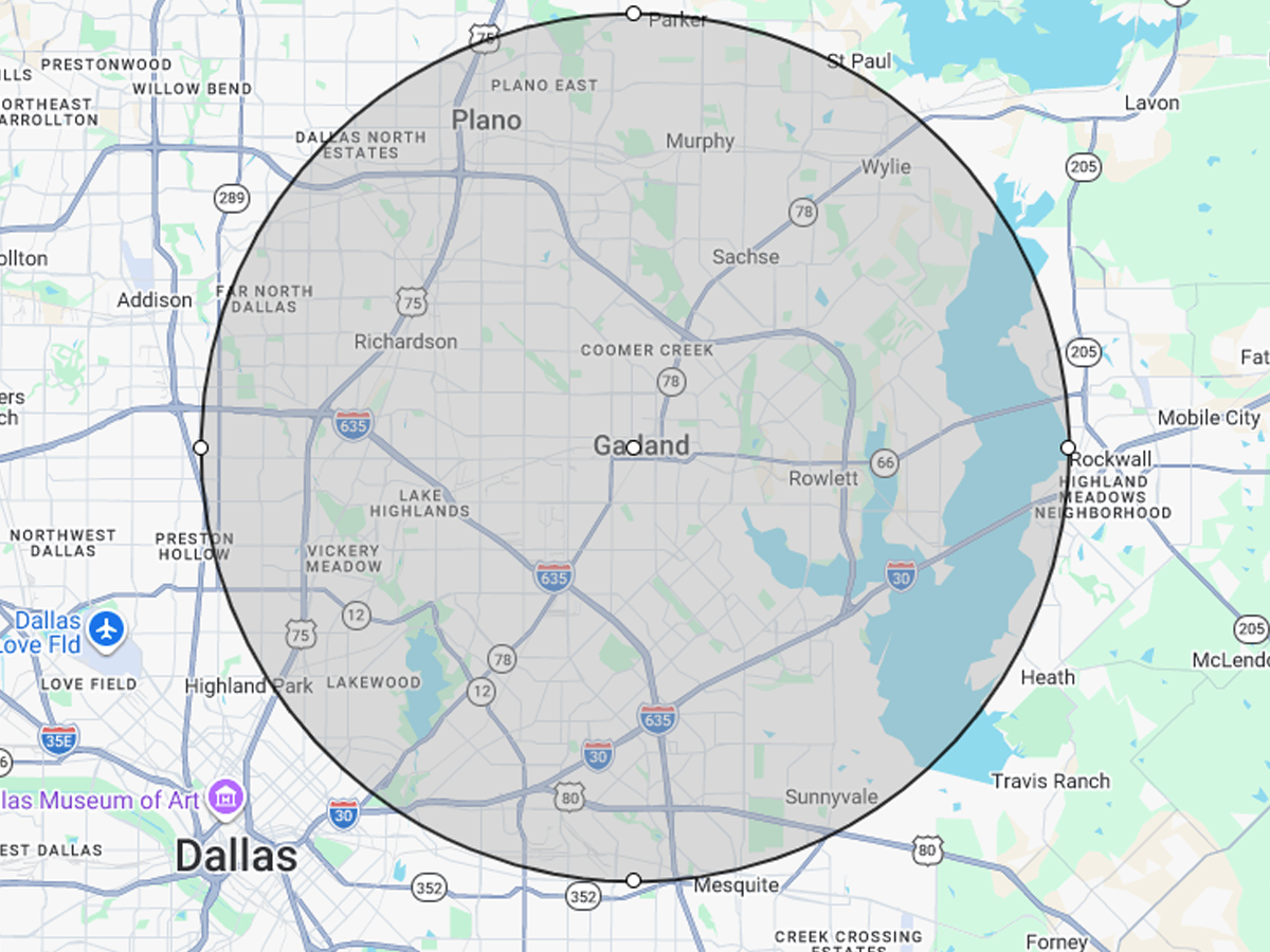 Service area map showing plumbing coverage around Garland Texas